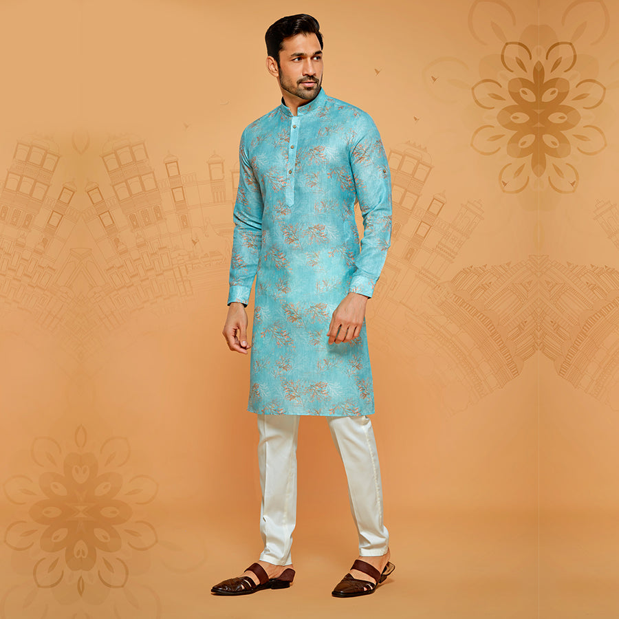 Floral Digital Print Blue Kurta for Men