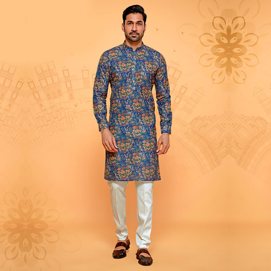 Massive Floral Printed Kurta for Men in Blue