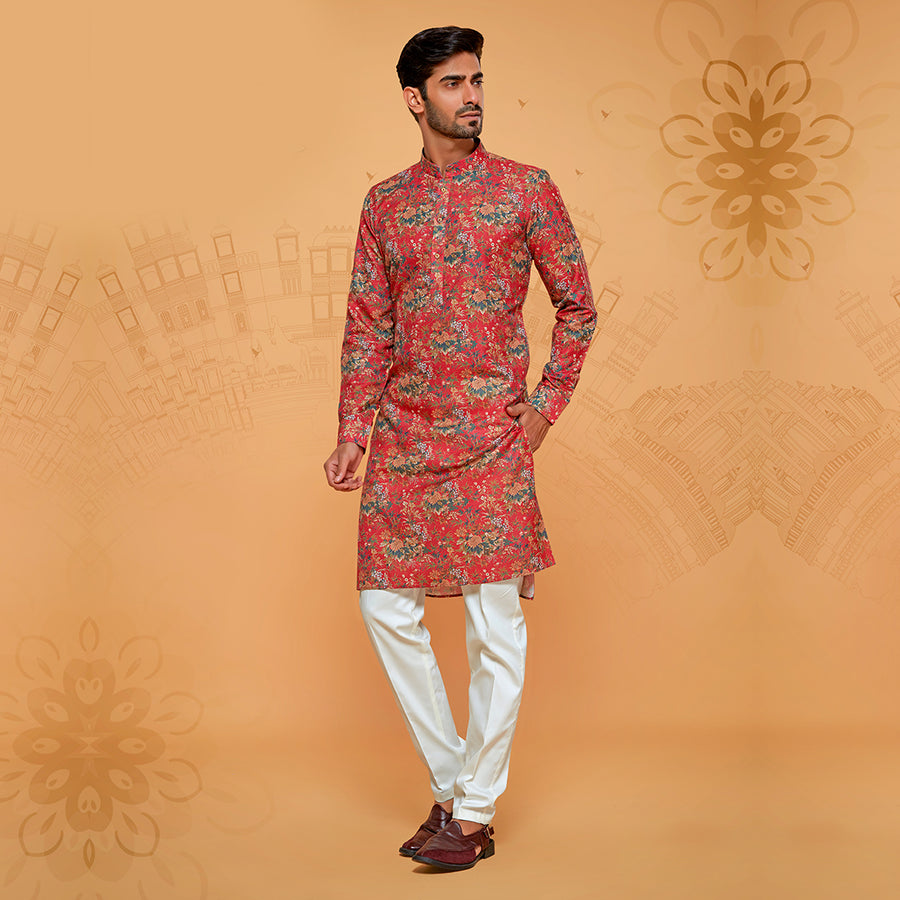 Red Festive Wear Floral Printed Kurta