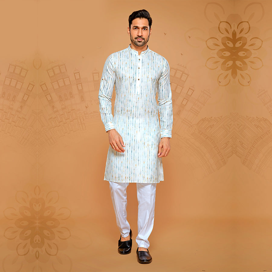 Men's Cotton Ink Print Striped Kurta