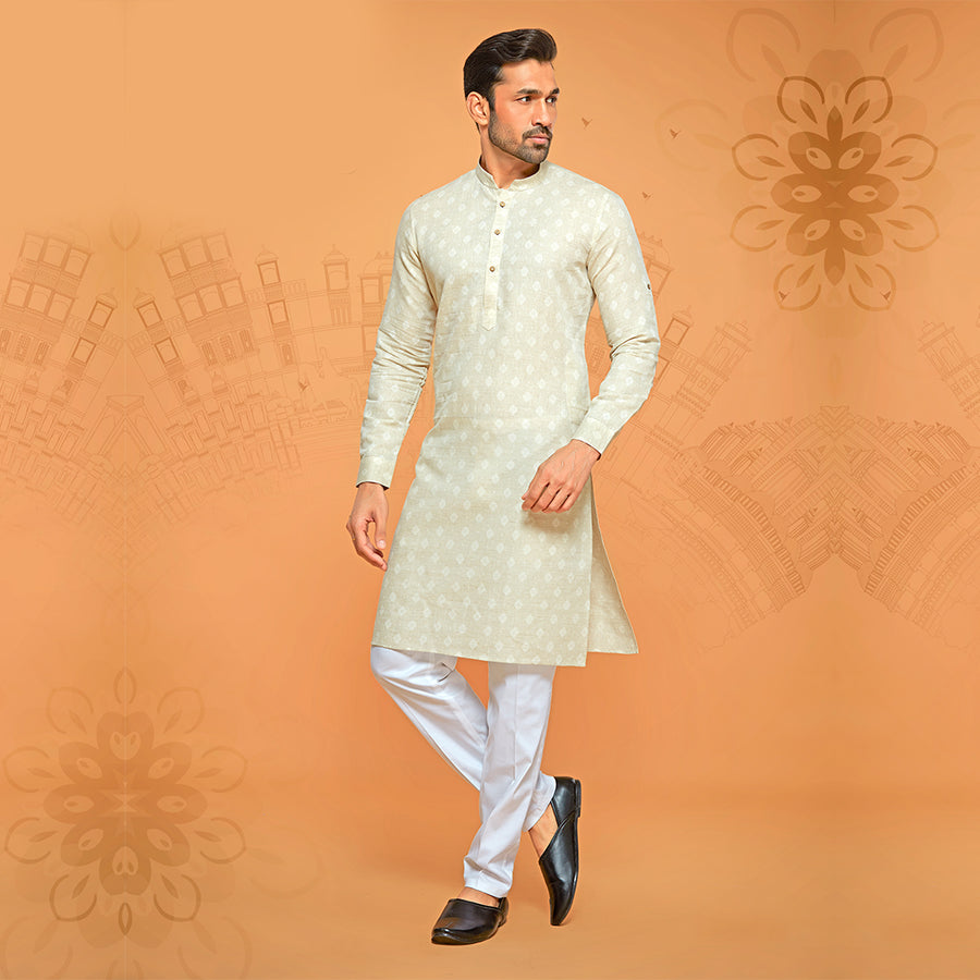 Self - Printed Light Yellow Kurta For Men