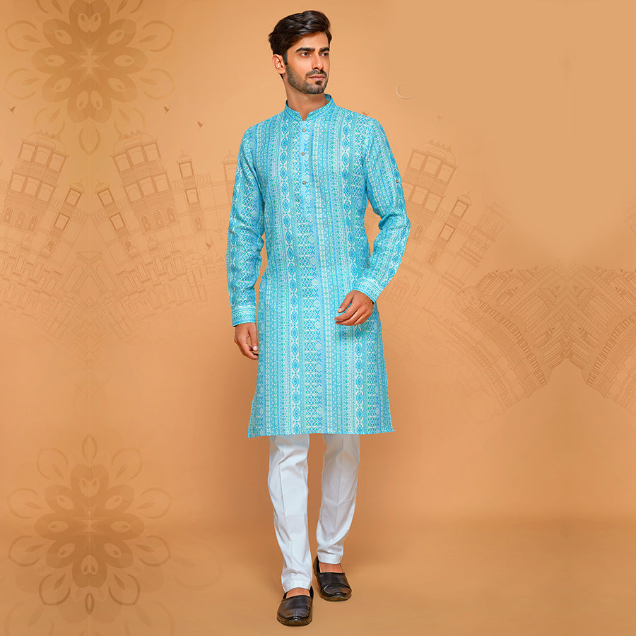Blue Traditional Printed Formal Kurta For Men