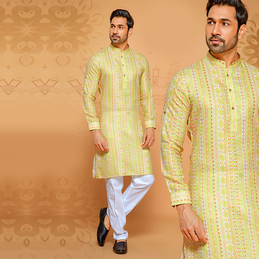 Yellow Printed Festive Wear Kurta For Men