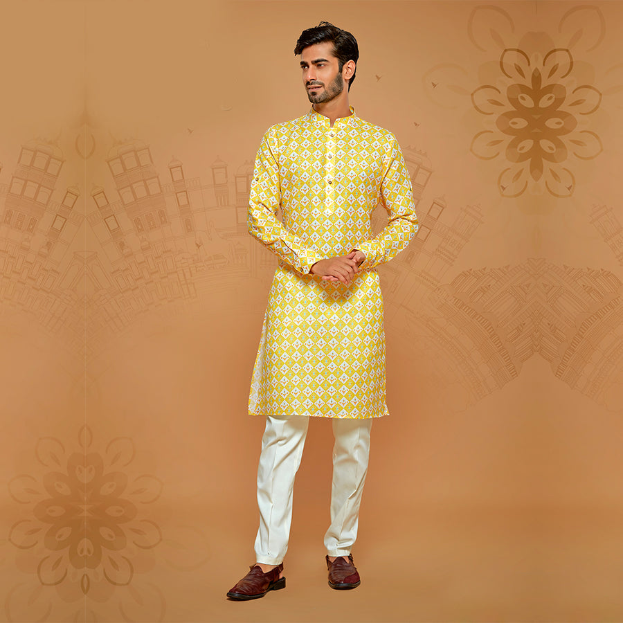 Indian Floral And Geometric Printed Kurta For Men