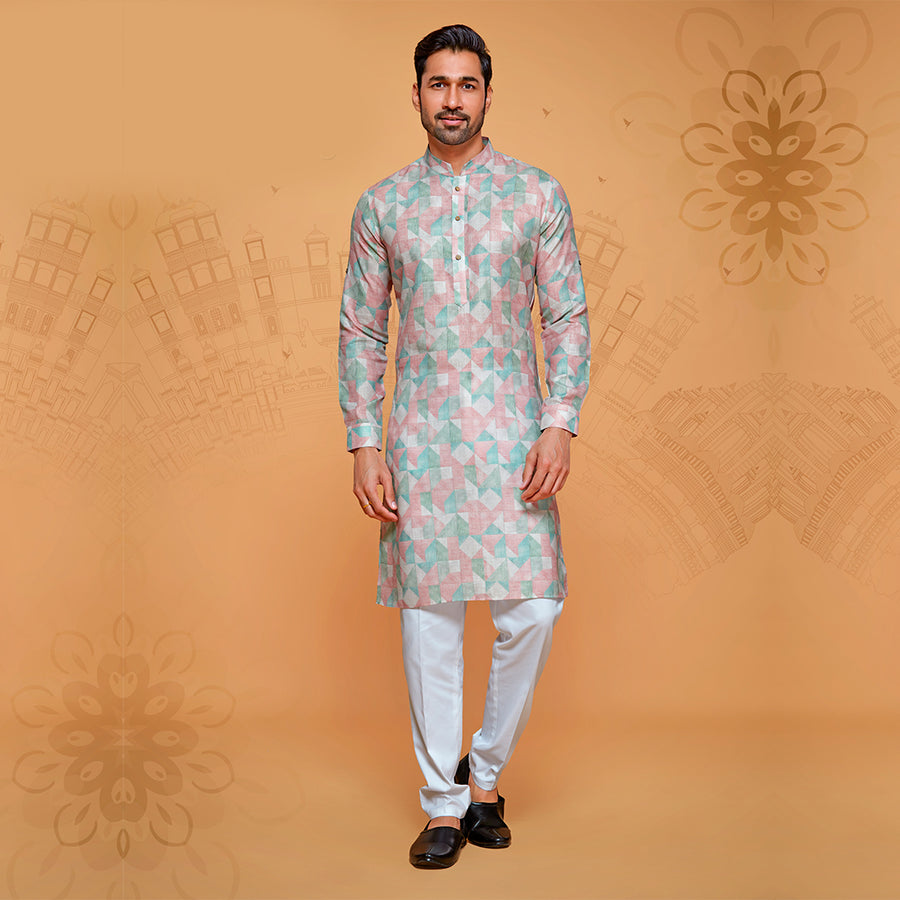 Green And Pink Geometric Printed Kurta