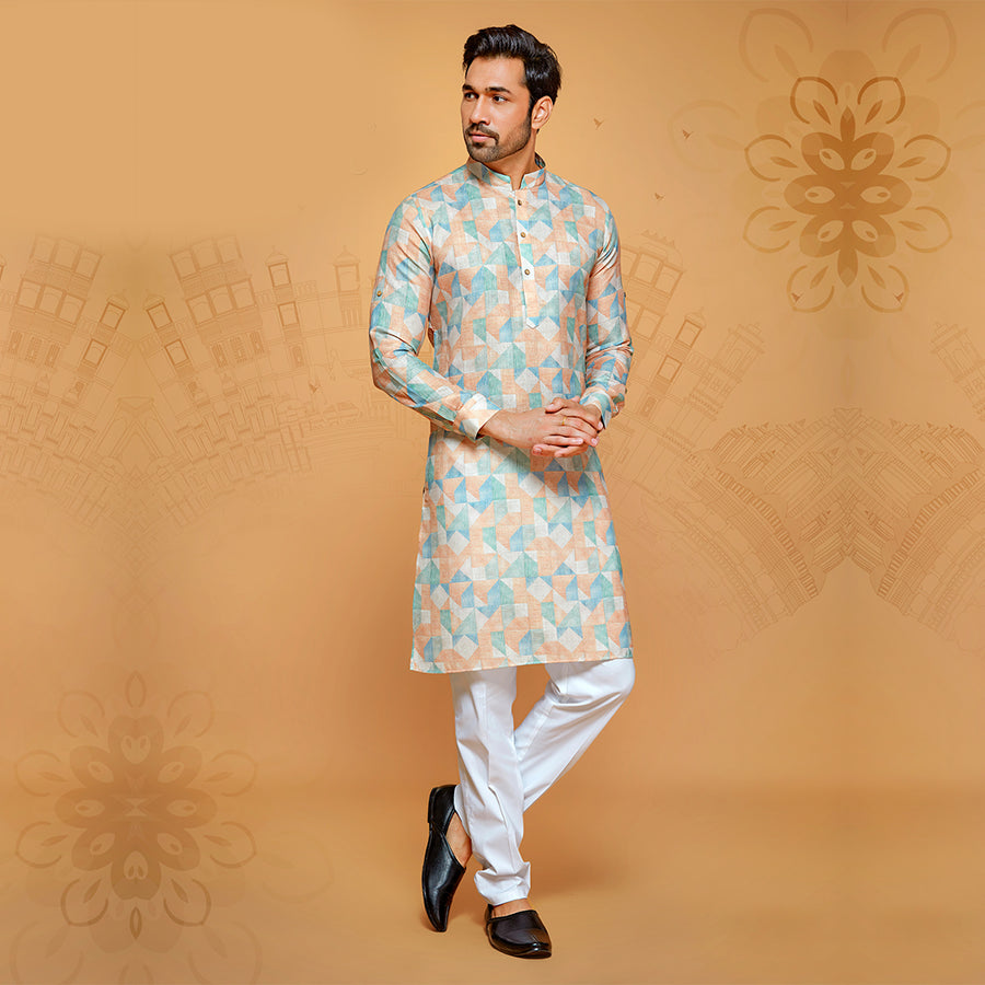 Men's Geometric Pirnted Kurta In Blue And Orange