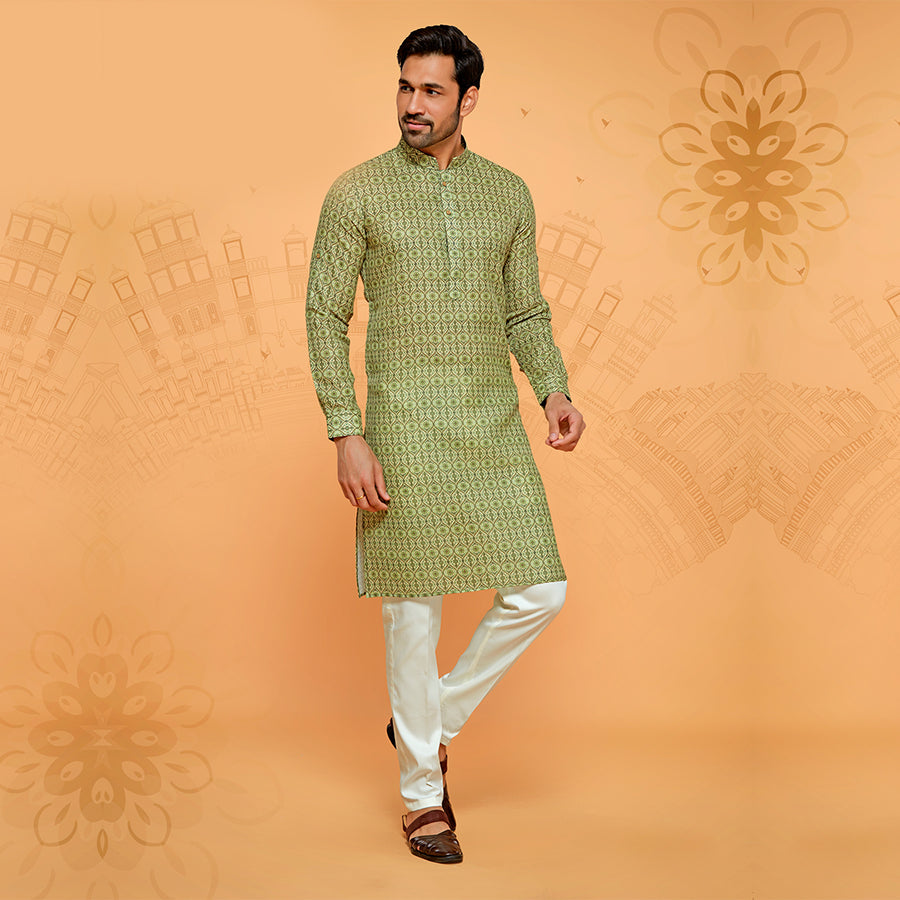 Green Jamawar Print Festive Wear Kurta