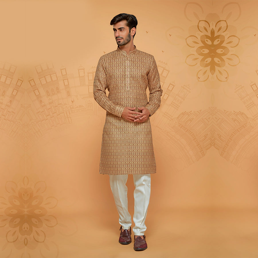 Golden Jamawar Print Contemporary Kurta