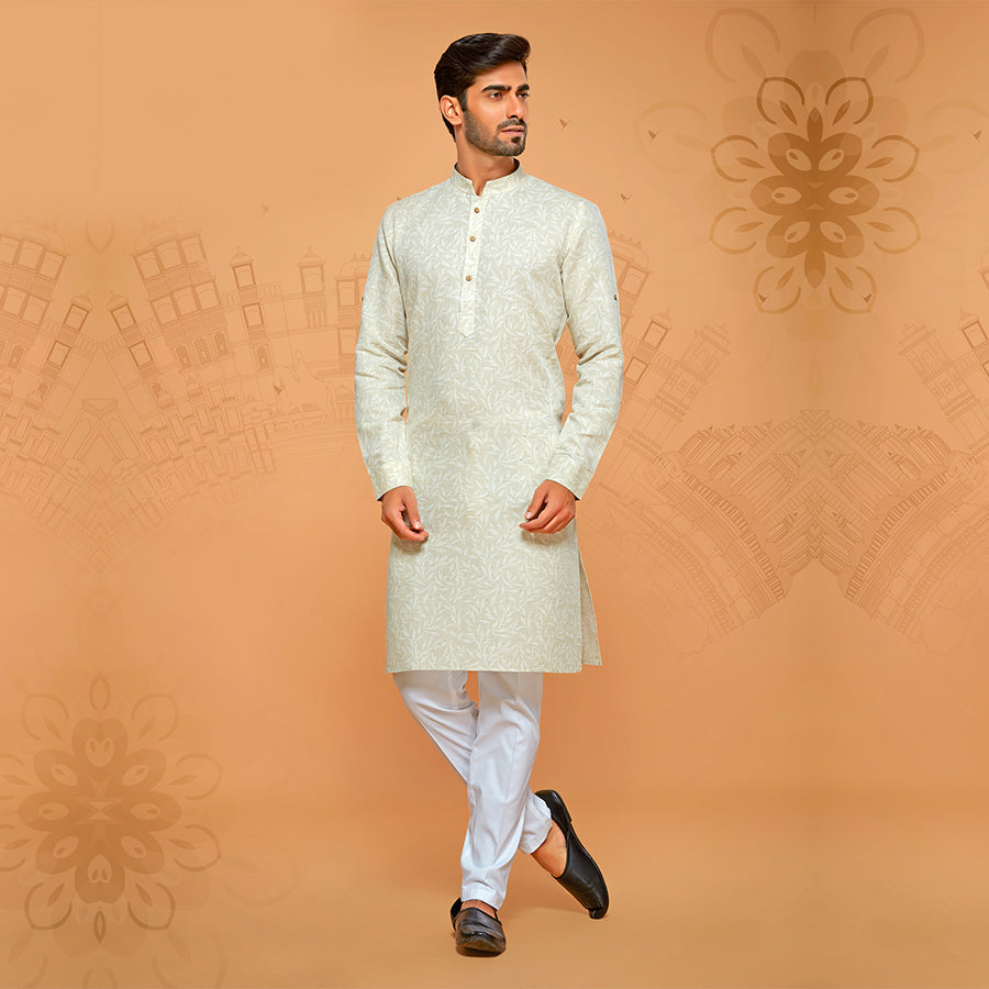 Pastel Yellowish Leaf Printed Kurta