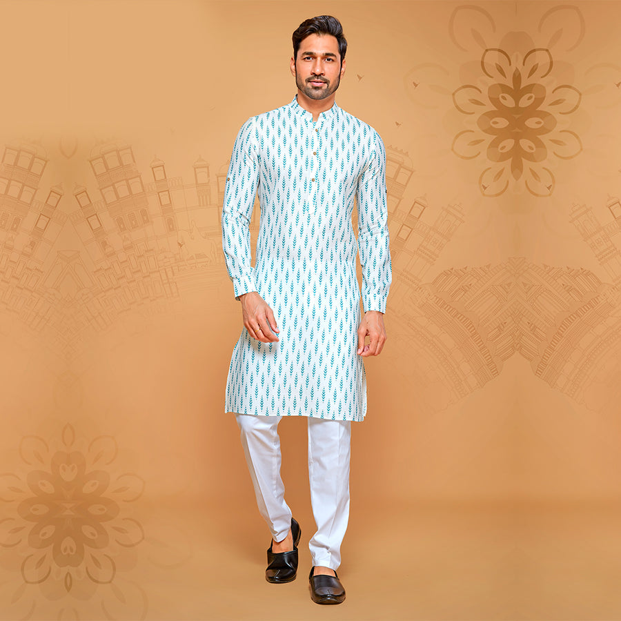 Men's Vivacious White And Blue Printed Kurta