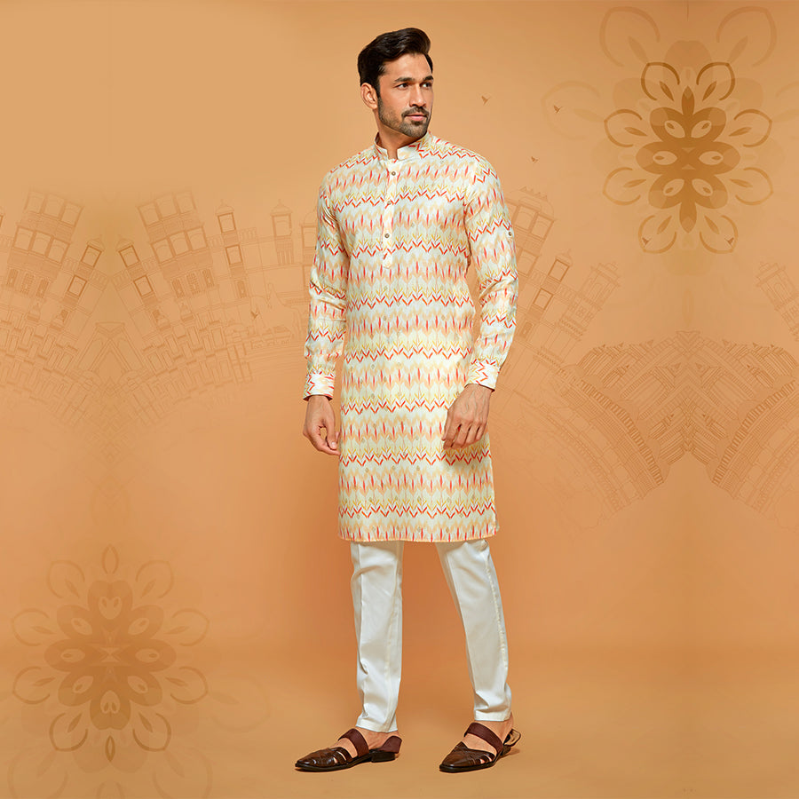 Kurta In White Cotton With Yellow Zig Zag Design