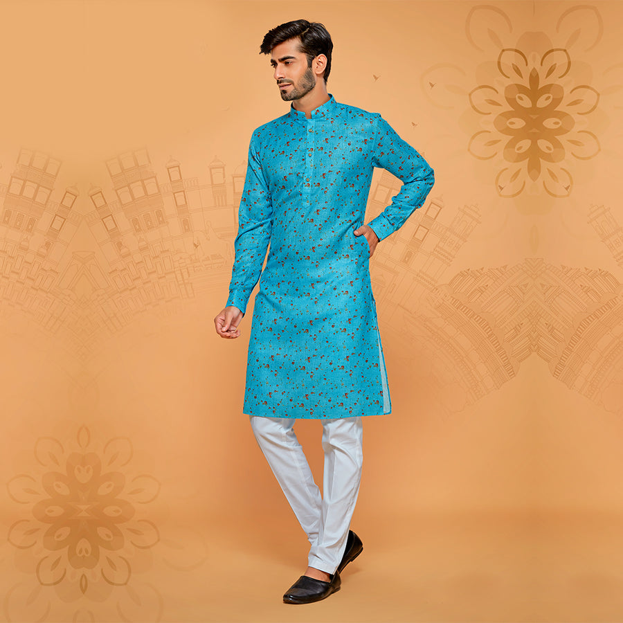 Blue Cotton Kurta For Men With Ink Blot Print
