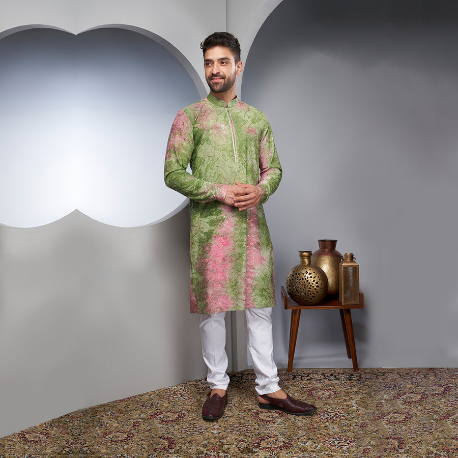 Tie-Dye Patterned Sequin Silk Kurta In Green And Pink