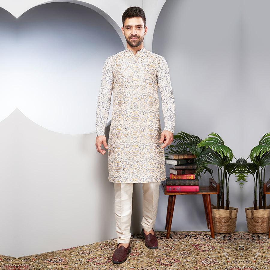 Floral-Printed White Silk Kurta