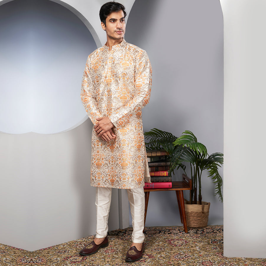 Traditional Pattern On A Vintage Cream Silk Fabric