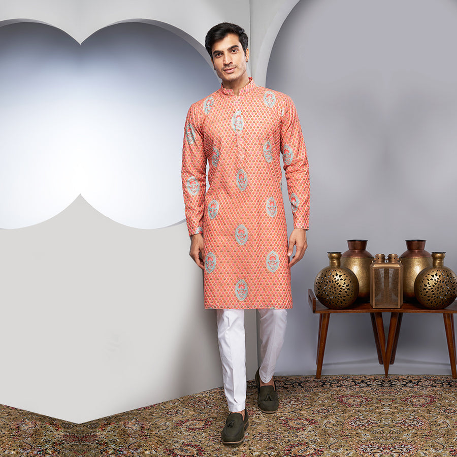 Pinkish Patterned Silk Kurta For Festive Wear