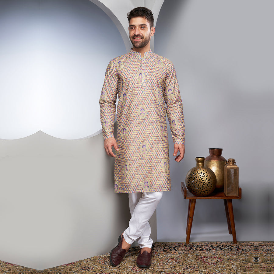 Festive Silk Kurti With Cream Flower Pattern