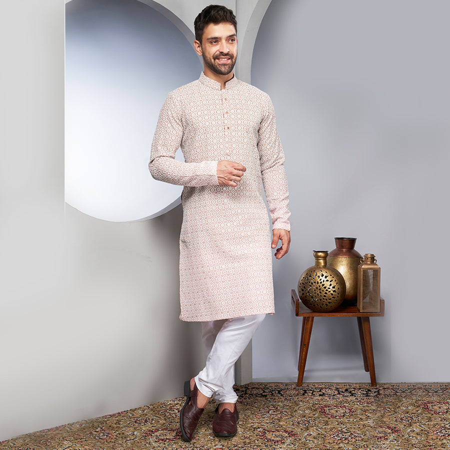 Elegant Beige Silk Kurta With Threadwork