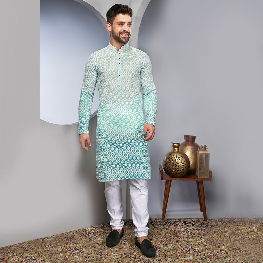 Traditional Abstract Patterned Silk Pale Green Kurta