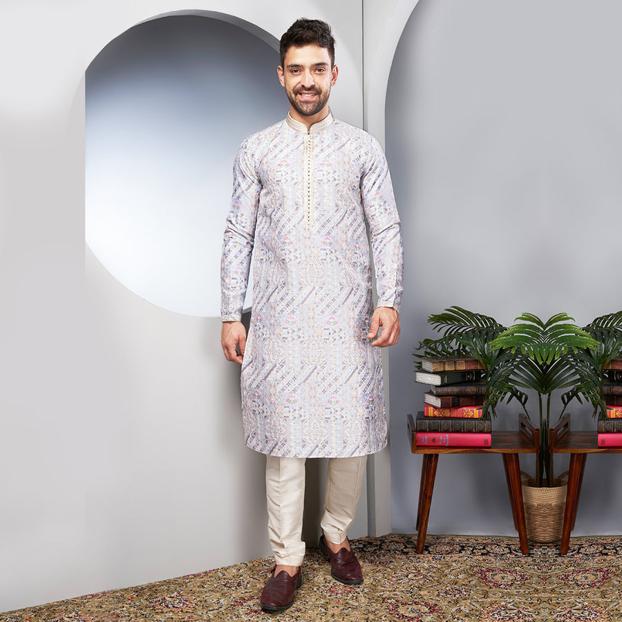 Silk Kurta With A Light Gray Traditional Abstract Design.