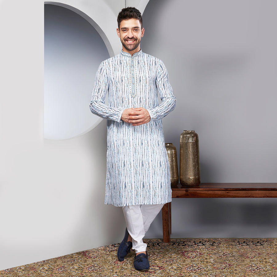Gorgeous Blue Stripes On A White Silk Kurta.