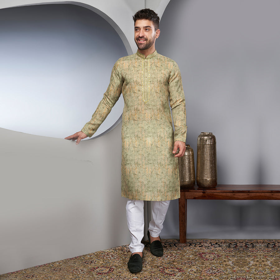 gold-Printed Olive Green Printed Kurta
