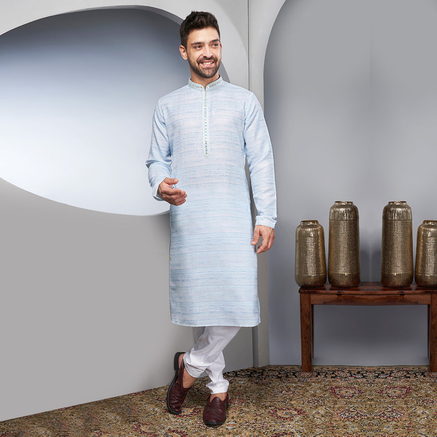 Blue Raw Silk Kurta With Little Embellishment