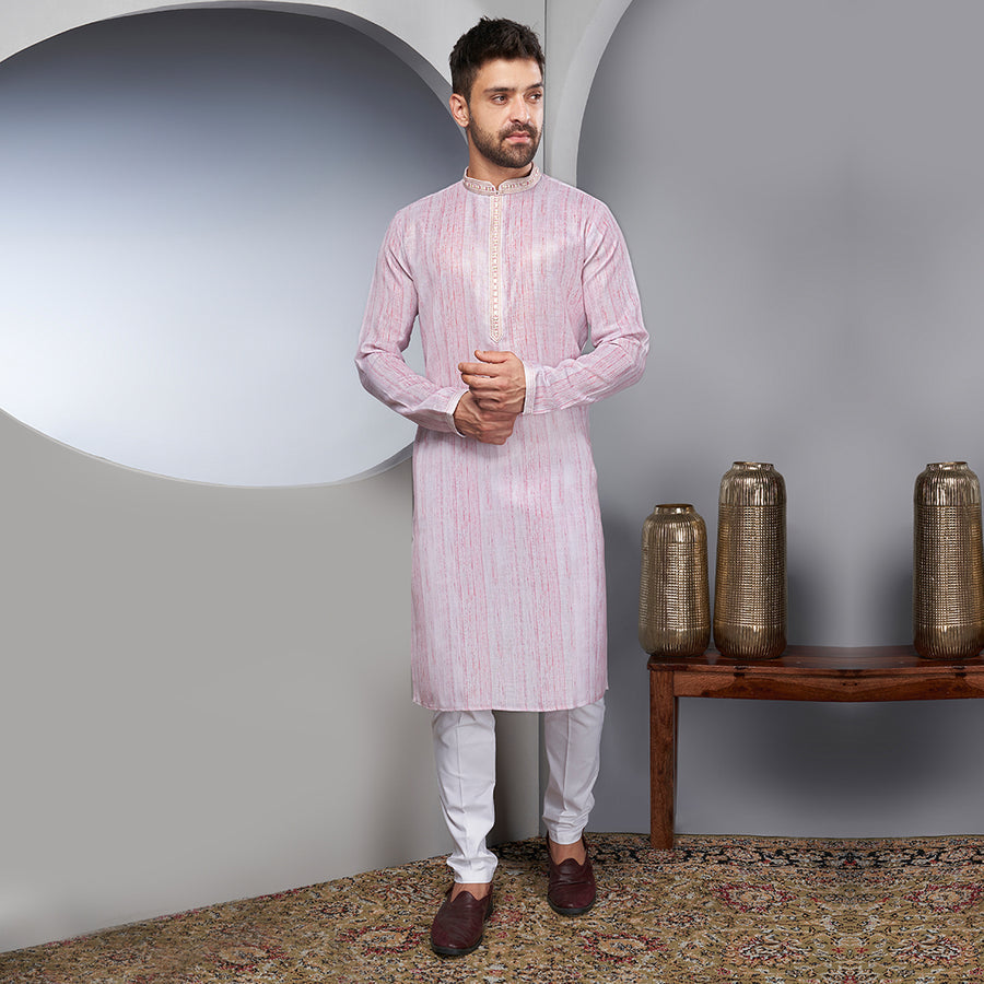 Pink Basic Raw Silk Kurta With Minimal Embellishment