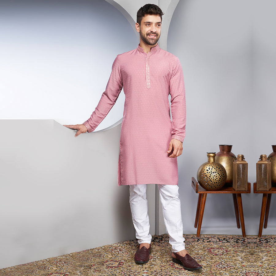 Muted Self-Printed Silk Kurta With Embellishments