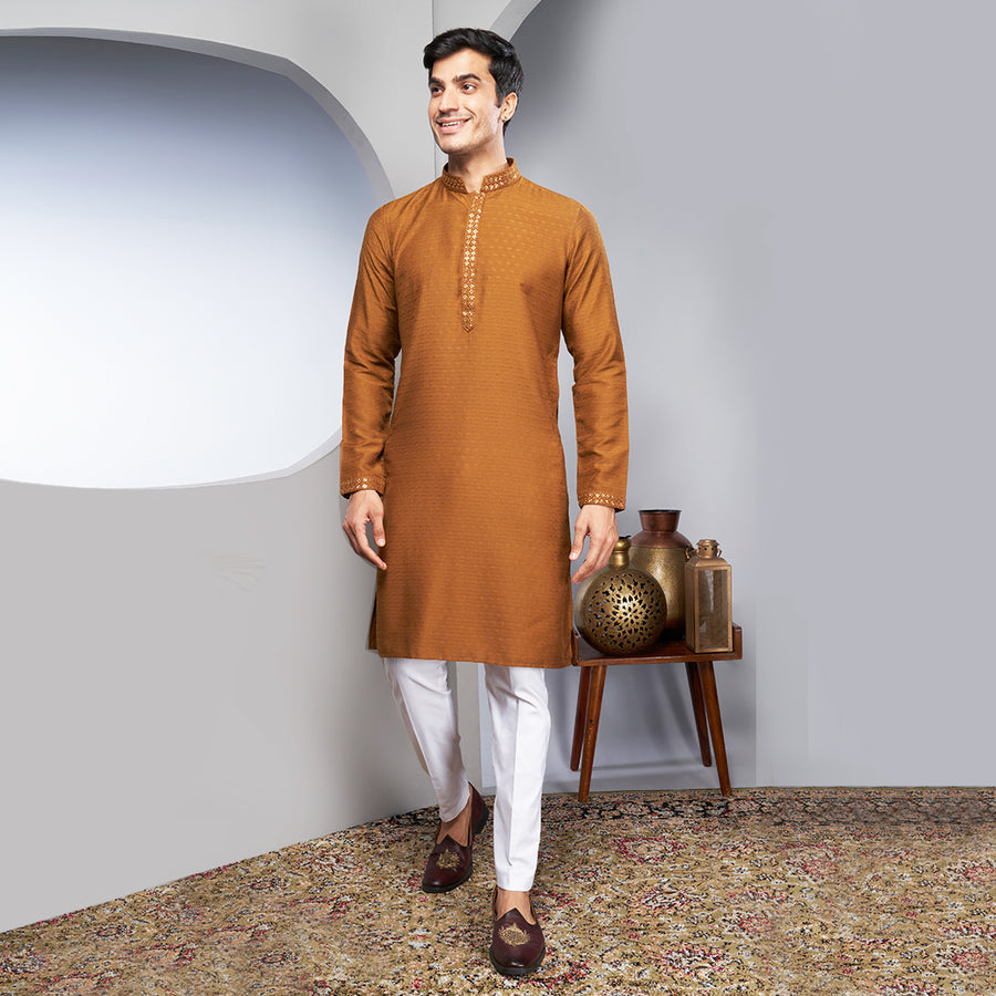 Sand-Colored Ornamented Kurta In Printed Silk.