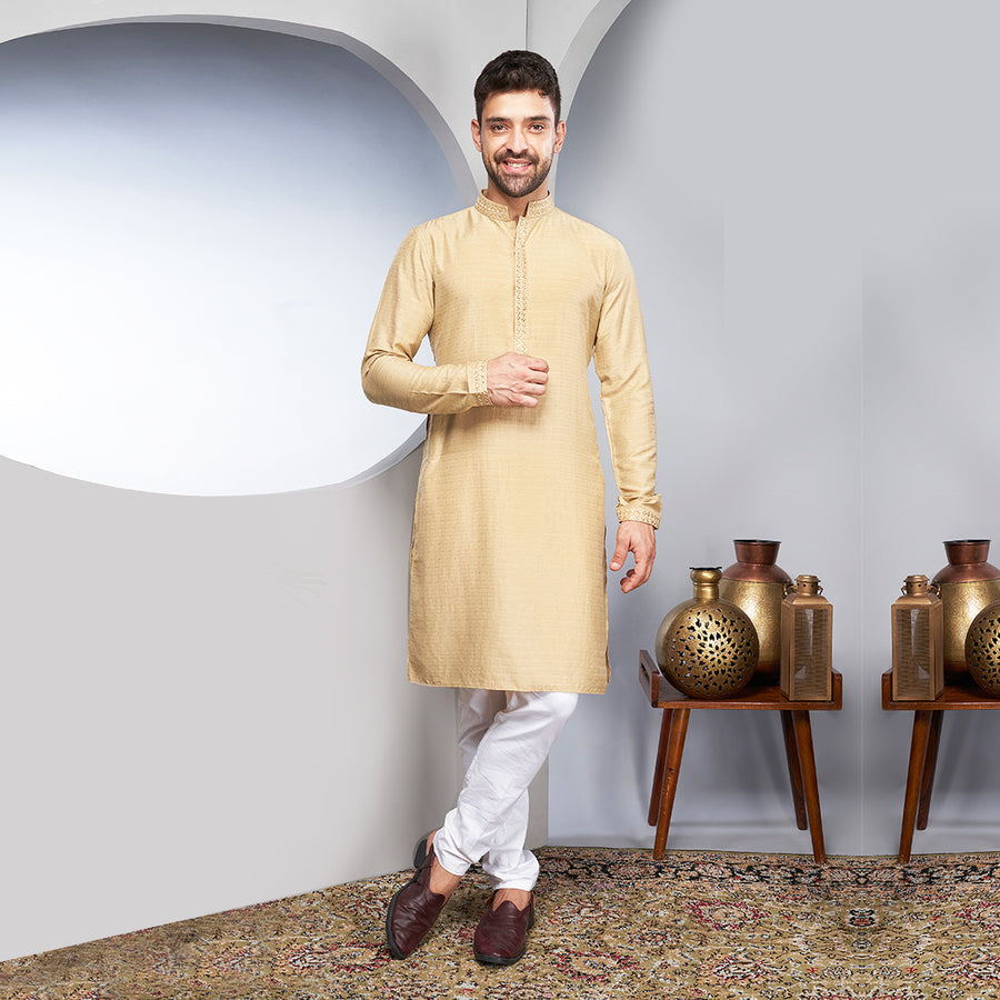 Self-Printed Golden Silk Kurti With Embellishments