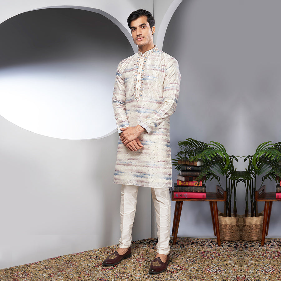 A Cream Silk Sequin Kurta For Men With A Blue-Hued Pattern