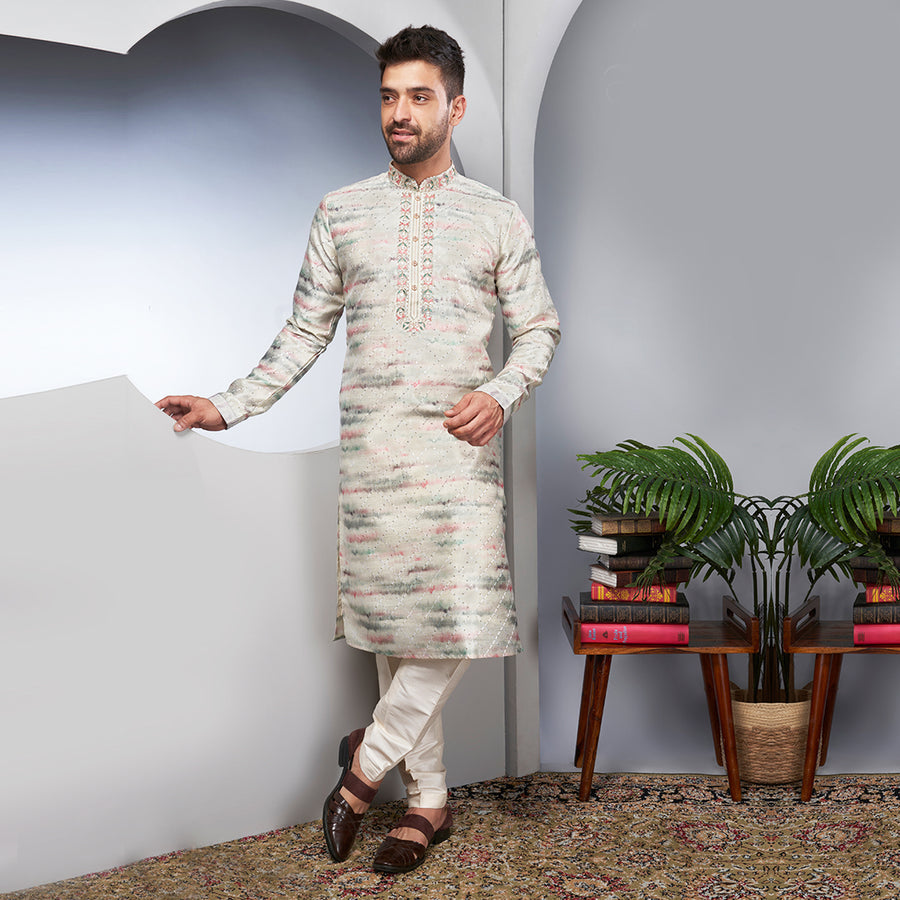 Cream Silk Sequin Kurta For Men With A Pinkish-Hued Pattern