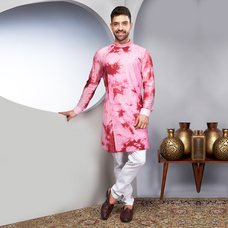 Pink Sequin Kurta With A Side Motif In Tie-Dye.