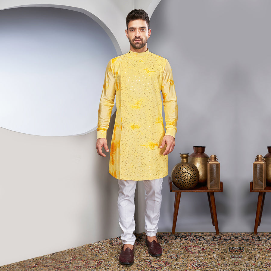 Yellow Sequin Kurta With A Tie-Dye Design On The Side.