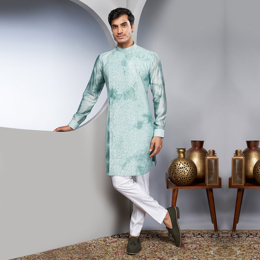 Grey Sequin Kurta With A Tie-Dye Design On The Side.