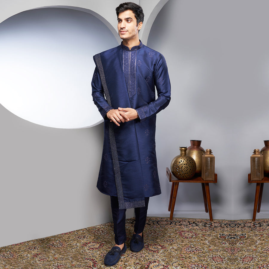 Traditional Navy Blue Silk Kurta And Dupatta With Little Embroidery