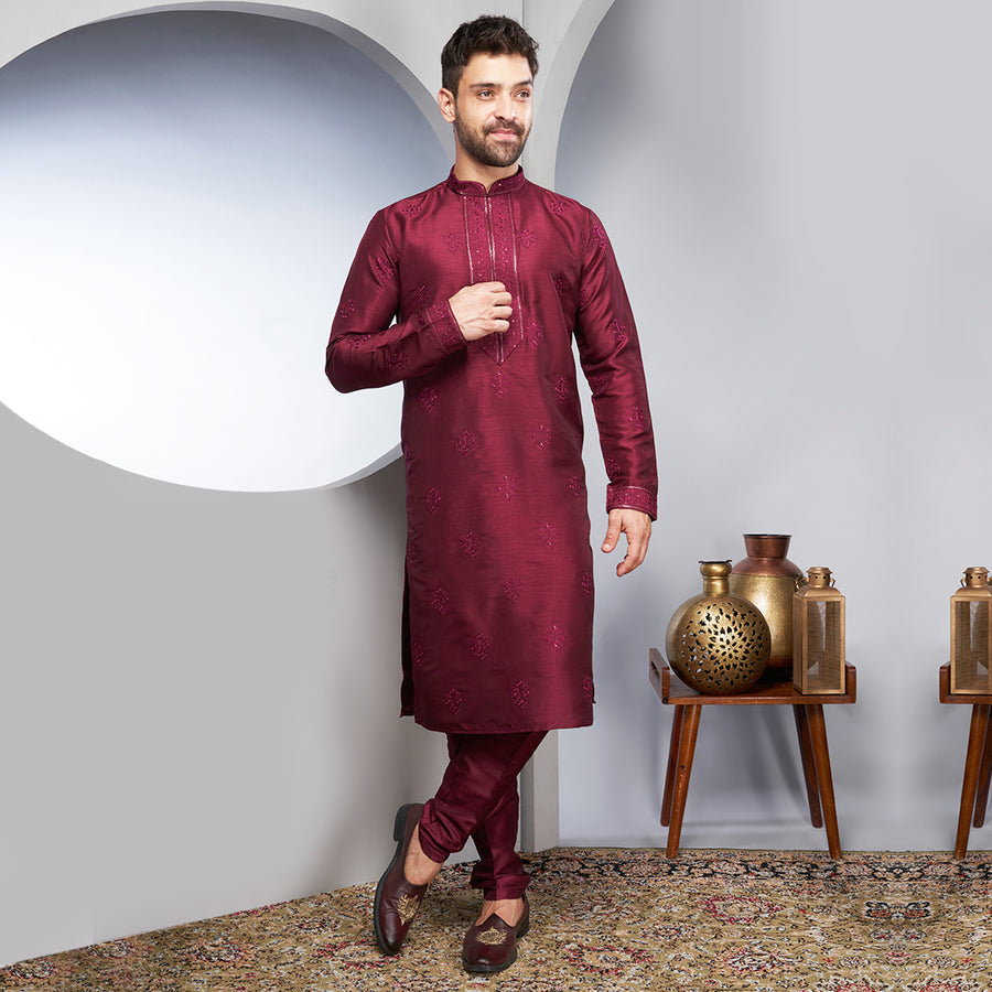 Maroon Silk Kurta In The Traditional Style with Little Embroidery