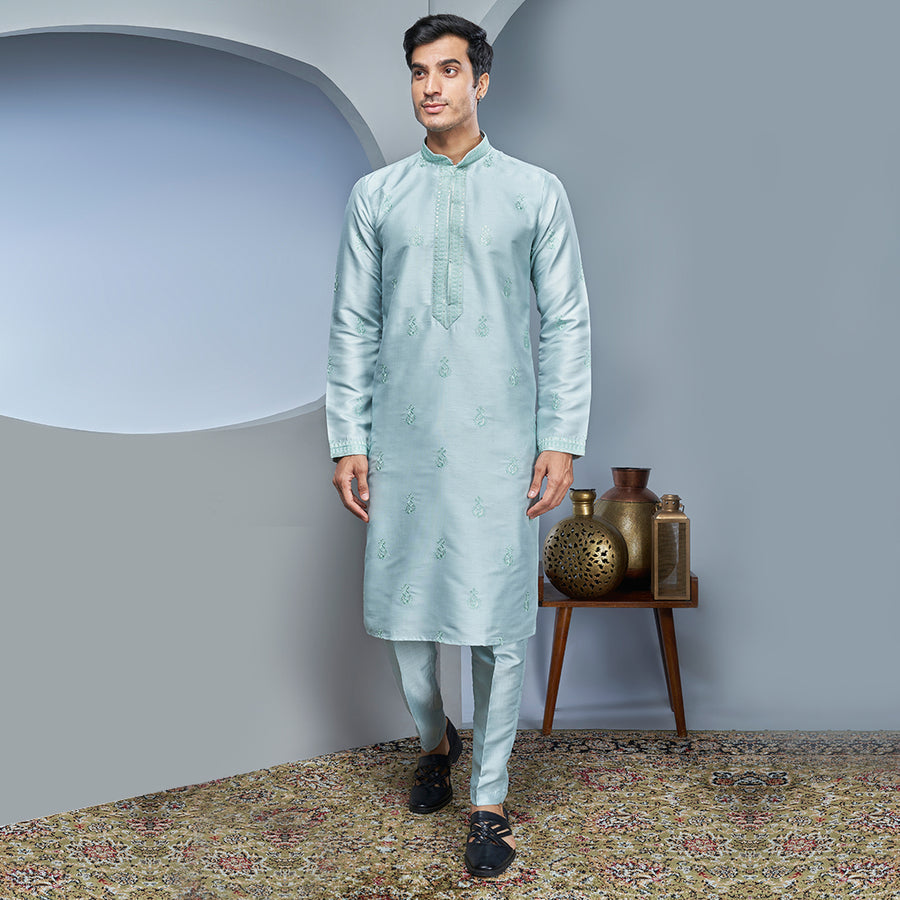 Silk Kurta In Steel Grey With Modest Embroidery