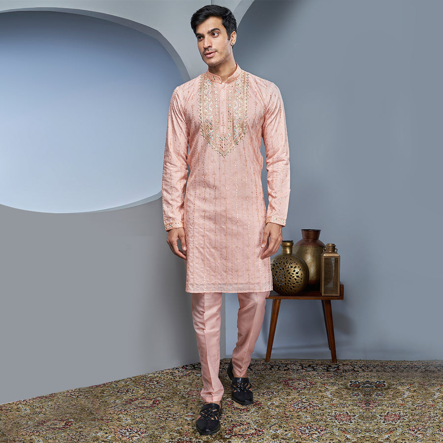 Heavily Sequined Pink Silk Kurta