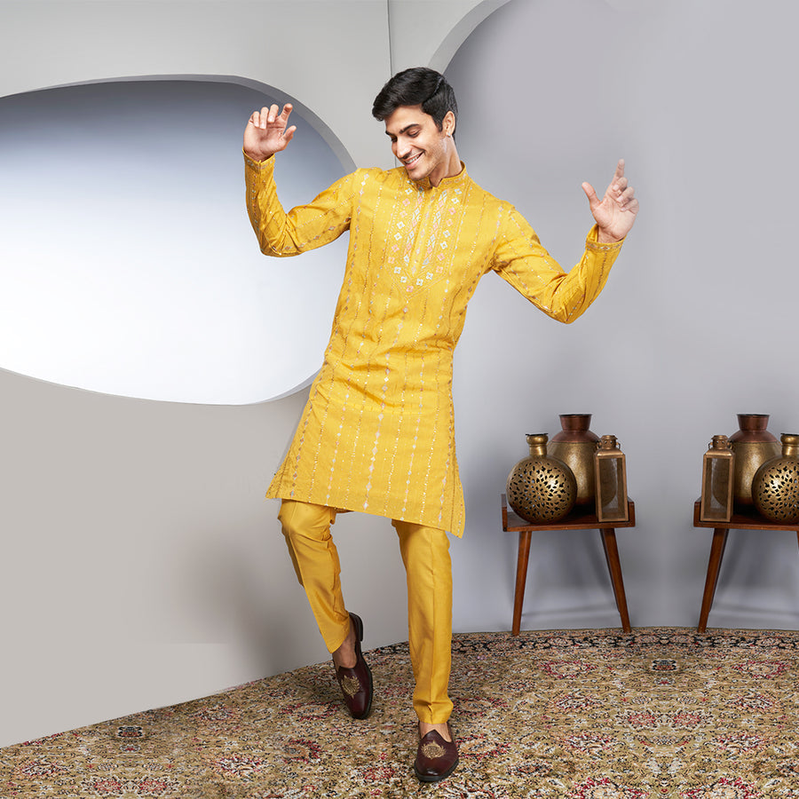 Elaborate Sequin Work Yellow Silk Kurta