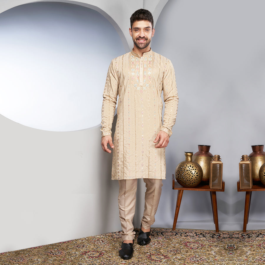 Cream Silk Kurta With Extensive Sequins
