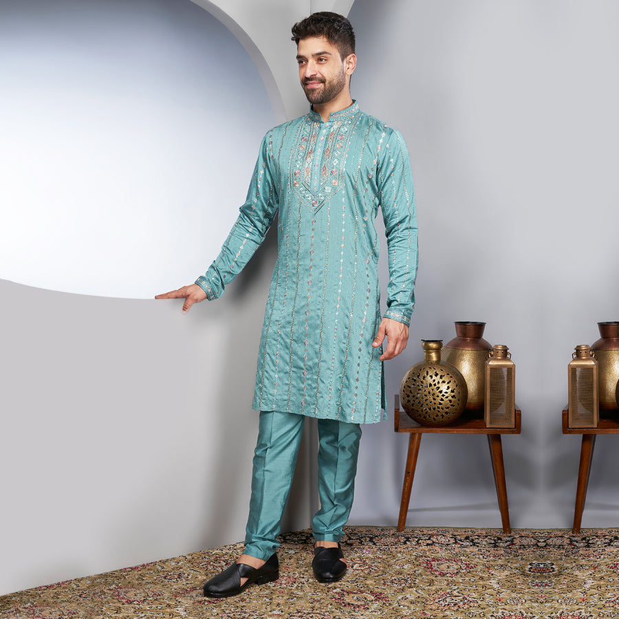 Blue Silk Kurta With Sequins