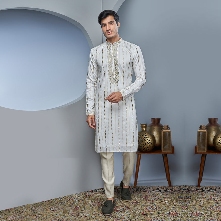 White Silk Kurta With Patterned Sequins