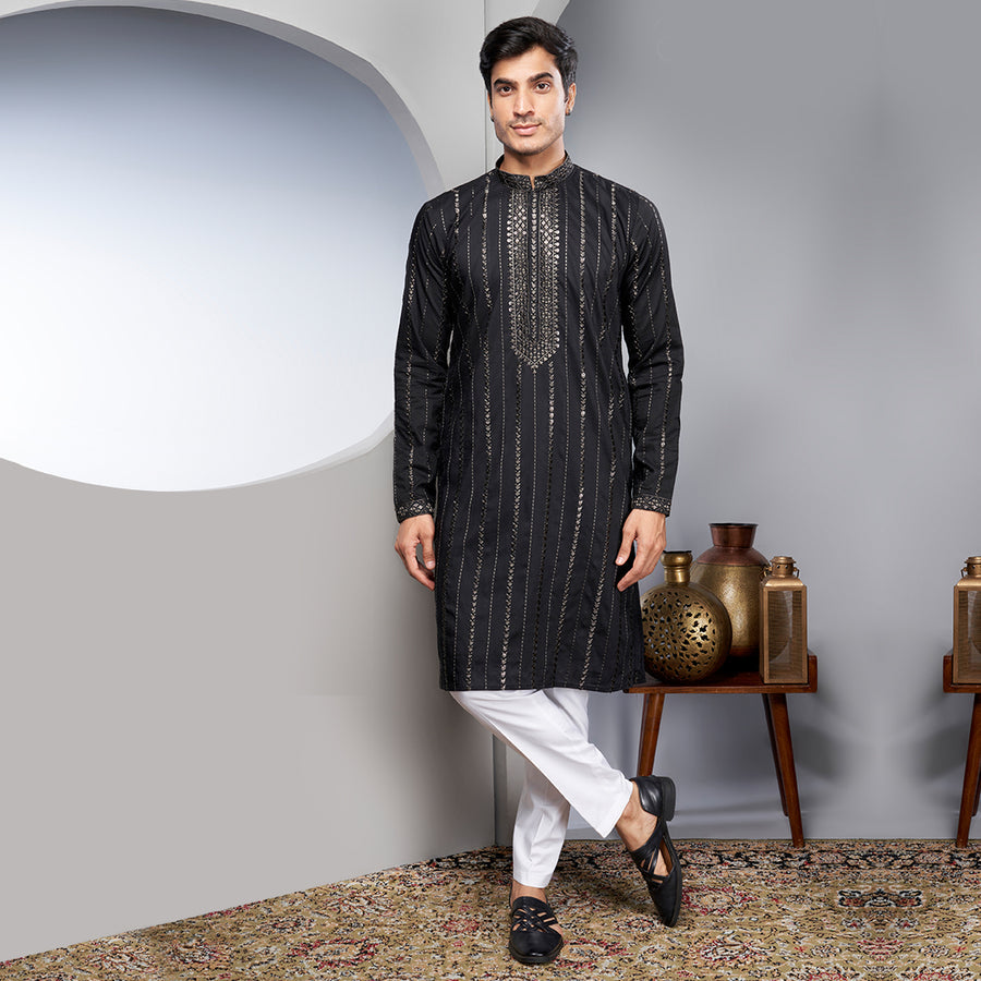 Black Silk Kurta With Striped Sequins