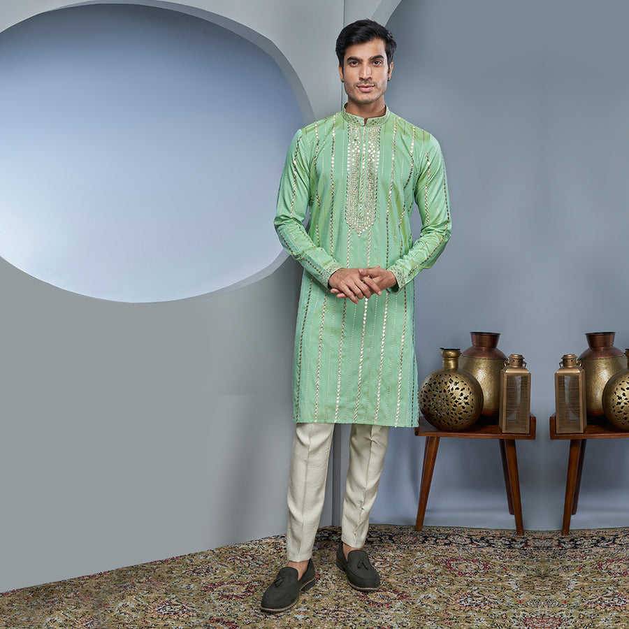 Kurta In Green Silk Pista With Patterned Sequins