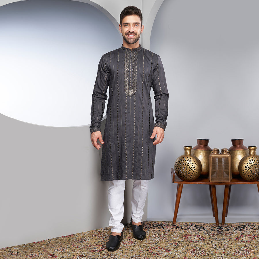 Silk Gray Kurta With Patterned Sequins