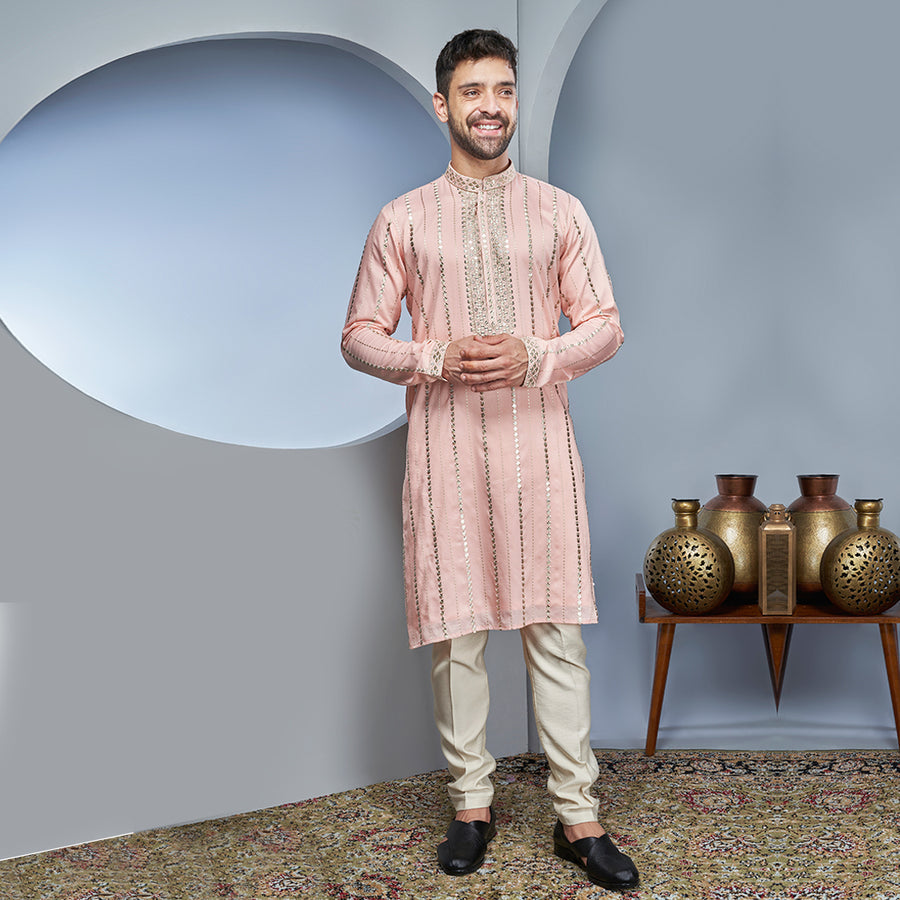 Silk Peach Kurta With Patterned Sequins