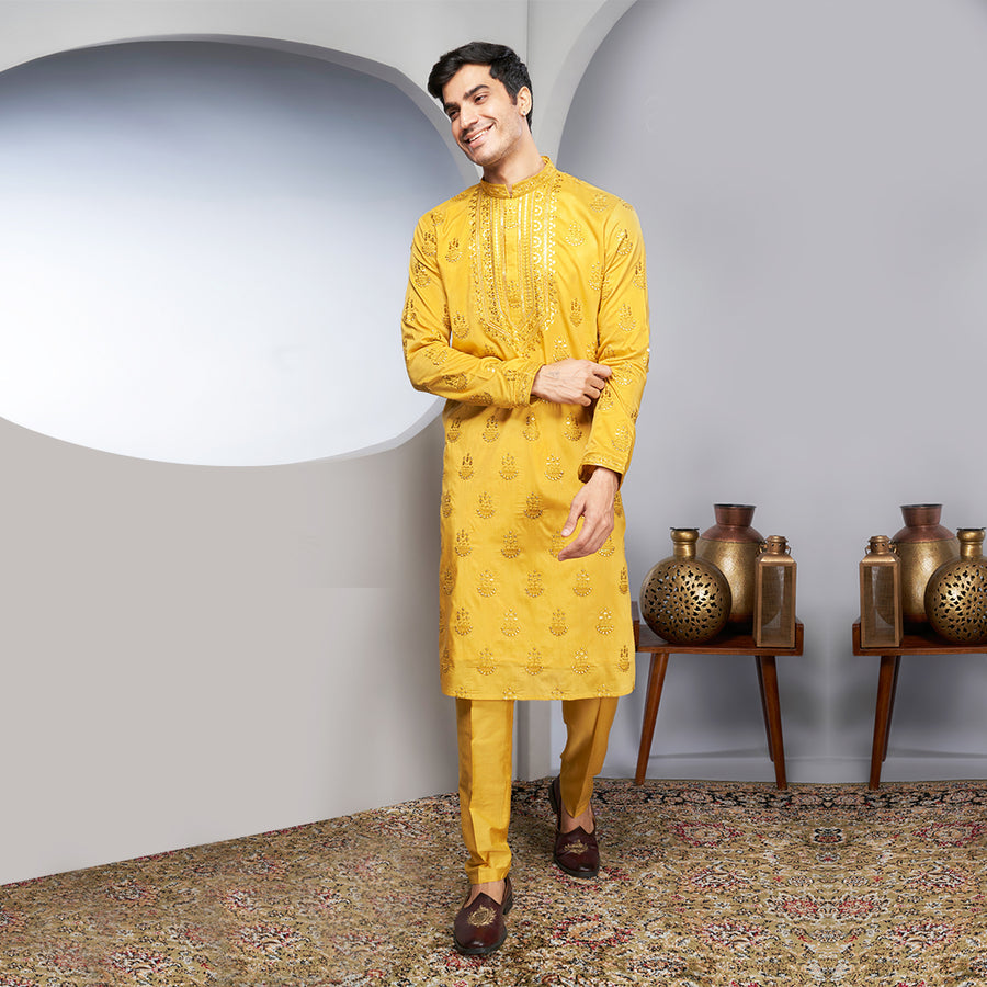 Yellow Kurta With Gotawork Silk And Extensive Embellishment
