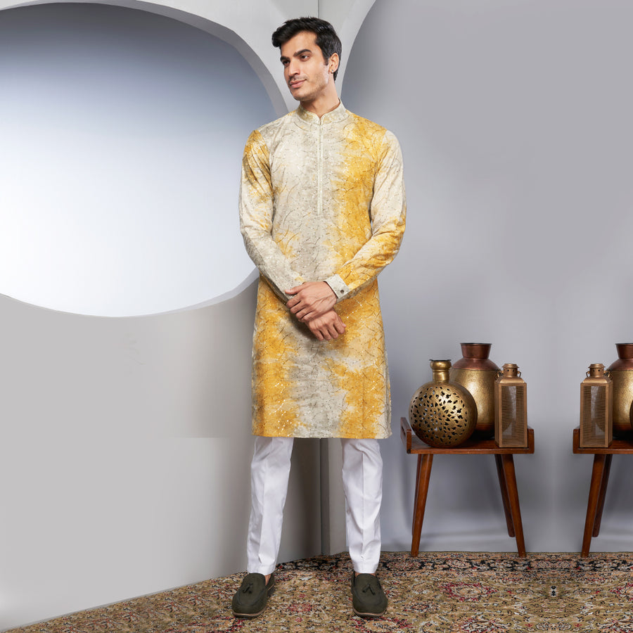 Yellow kurta with sequins and tie-dye printing